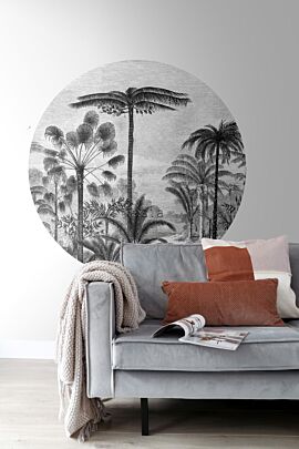 Wohnzimmer selbsklebende runde Tapete tropische Landschaft mit Palmen Schwarz-Weiß 159006