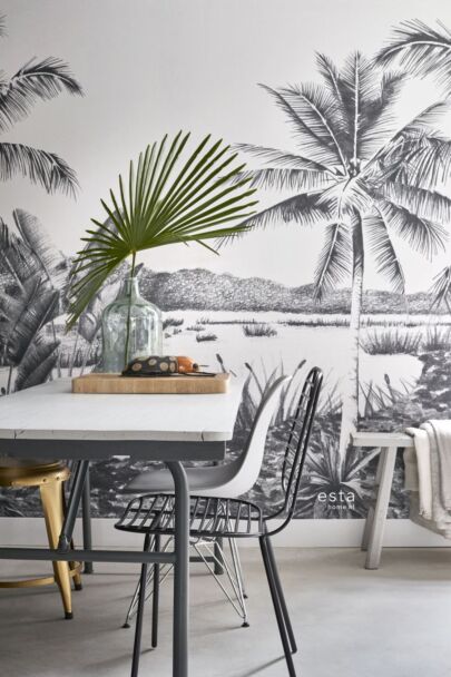 Fototapete tropische Landschaft mit Palmen Schwarz und Weiß