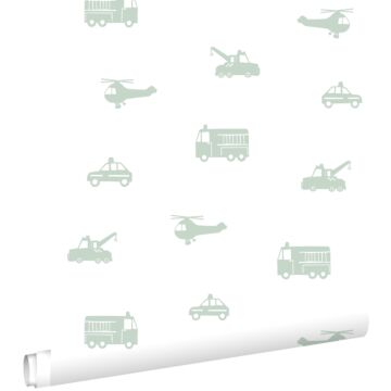 Tapete Autos, Löschfahrzeuge, Hubschrauber und Kräne Mintgrün auf Weiß