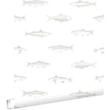 Tapete Federzeichnung Fisch Weiß und Silber