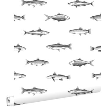 Tapete Federzeichnung Fisch Weiß und Schwarz