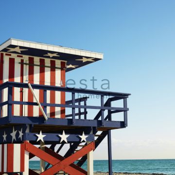 Fototapete Strandhaus-Motiv Rot, Weiß und Blau