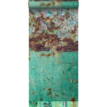 XXL-Vliestapete Patchwork rostige verwitterte Metallplatten Meeresgrün und Braun
