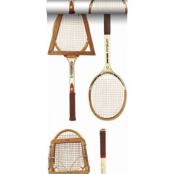 XXL-Vliestapete Vintage-Tennisschläger Weiß, Braun und Beige