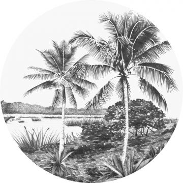 selbstklebende runde Tapete tropische Landschaft mit Palmen Schwarz-Weiß