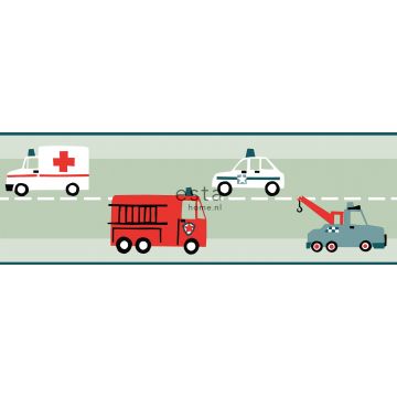 selbstklebende Tapetenbordüre Autos, Löschfahrzeuge, Hubschrauber und Kräne Mintgrün, Rot und Weiß